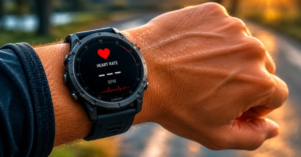 Close-up of a Garmin smartwatch worn on a runner’s wrist displaying heart rate data during a workout, illustrating Garmin heart rate sensor accuracy and troubleshooting issues.