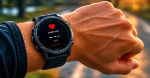 Garmin Heart Rate Not Working? 8 Fixes That Actually Work (2026) Close-up of a Garmin smartwatch worn on a runner’s wrist displaying heart rate data during a workout, illustrating Garmin heart rate sensor accuracy and troubleshooting issues.
