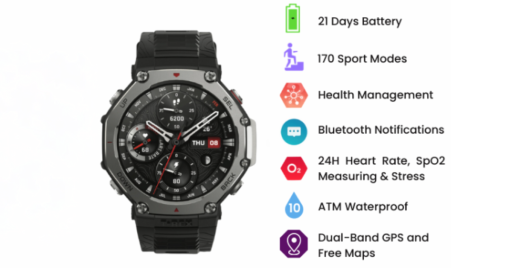 Amazfit T-Rex 3 smartwatch front view displaying AMOLED screen