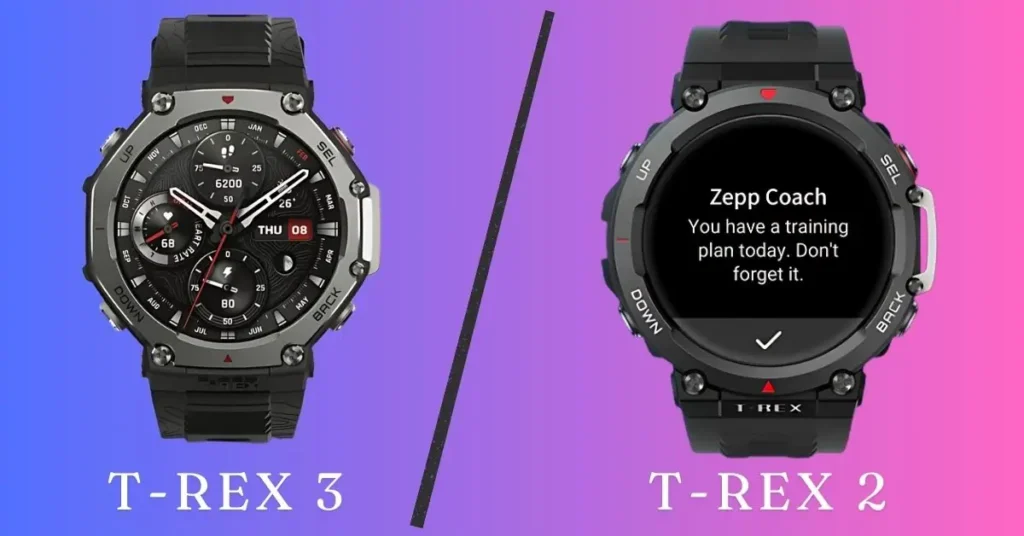 Side-by-side comparison of Amazfit T-Rex 3 vs T-Rex 2 smartwatches