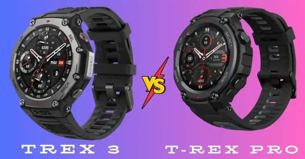 Amazfit T-Rex 3 vs. Amazfit T-Rex Pro side-by-side comparison showing their rugged designs and features