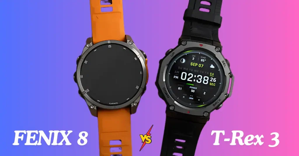 Garmin Fenix 8 vs Amazfit T-Rex 3 placed side by side for a rugged smartwatch comparison.