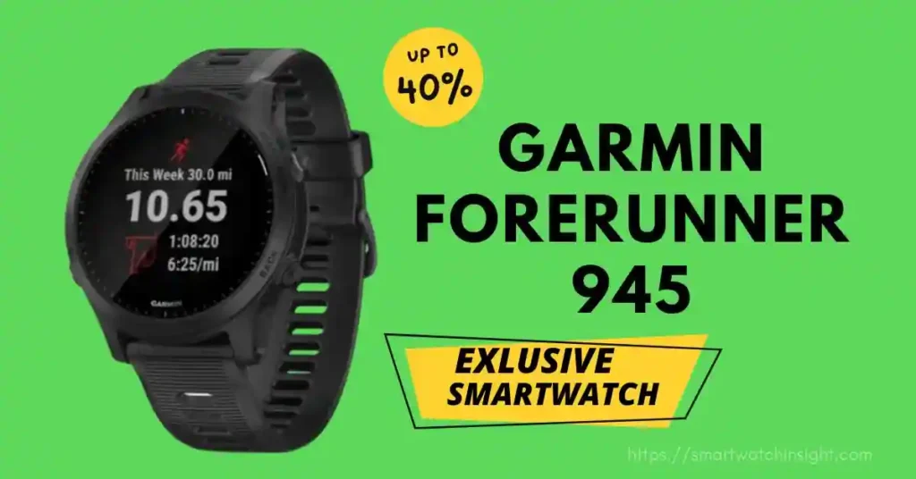 Garmin Forerunner 945 smartwatch with GPS and fitness tracking features.