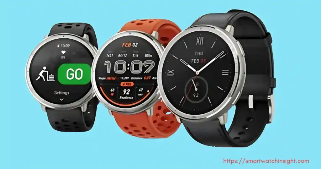 Amazfit Active 2 Premium model smartwatch showing 1.32-inch AMOLED display and sapphire lens.