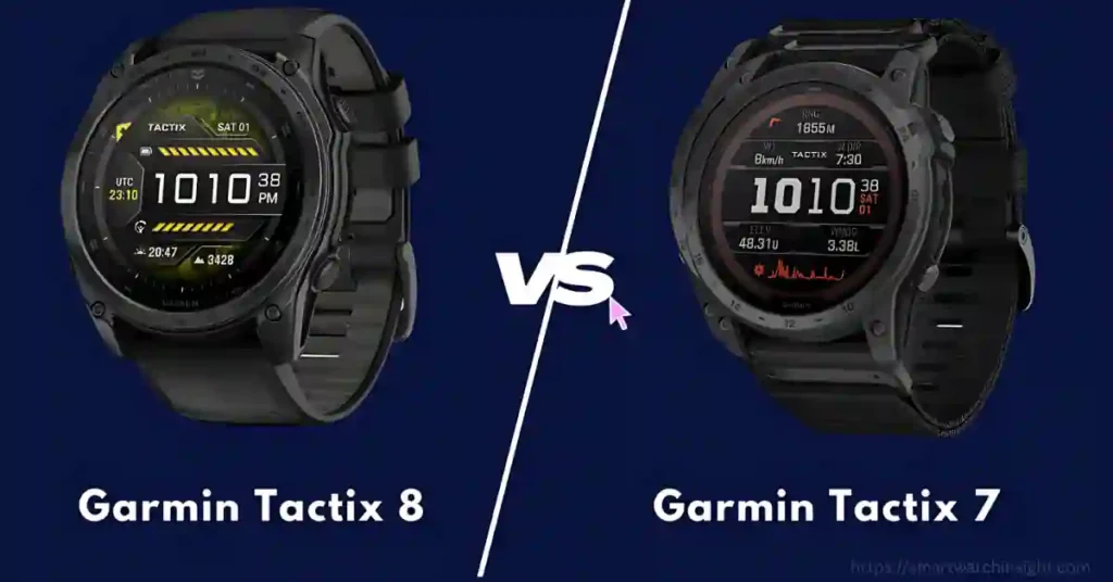 Garmin Tactix 8 vs Tactix 7 side-by-side comparison highlighting key features like AMOLED display, water resistance, and GPS accuracy.