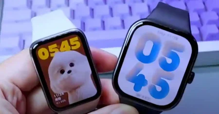 Side-by-side comparison of Redmi Watch 5 and Xiaomi Smart Band 9 Pro showing design, display, and size differences.