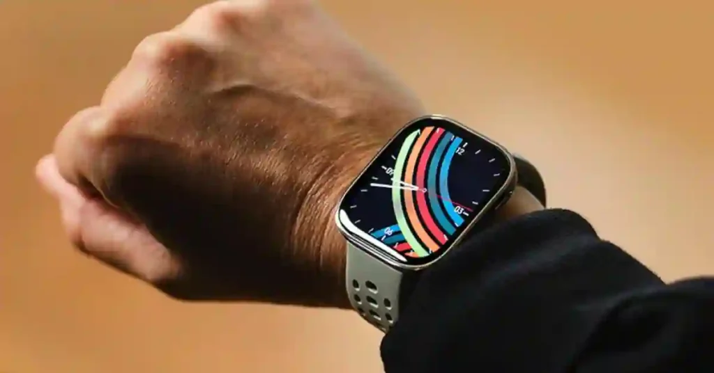 Large AMOLED screen on Amazfit Bip 6 smartwatch with bright UI