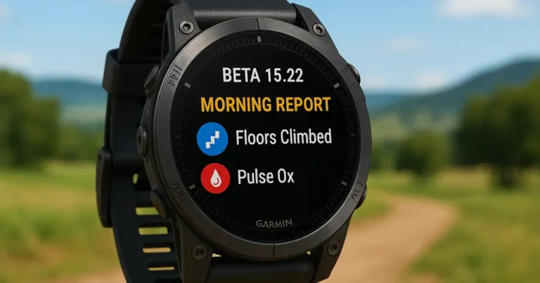 Garmin Fenix 8 Beta Update 15.22: Everything you need to know Garmin Fenix 8 Beta Update 15.22: Everything you need to know, showing smartwatch with Morning Report screen, Floors Climbed, and Pulse Ox features in an active outdoor setting.