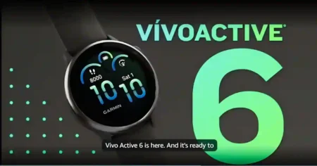 Garmin Vivoactive 6 smartwatch with AMOLED display, GPS tracking, and fitness features, designed for runners and everyday use.