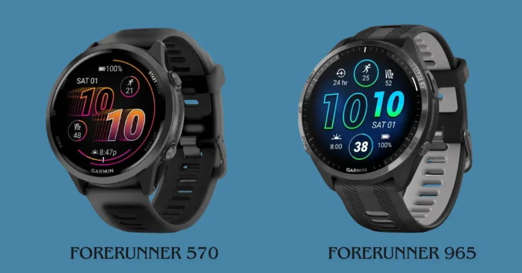 Garmin Forerunner 965 vs 570 side-by-side showing screen size, bezel, and design