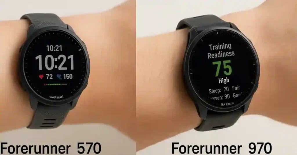 Garmin Forerunner 570 & 970: Are the New Features Worth Less Battery Life? 2 Garmin Forerunner 970 smartwatch showing titanium bezel, scratch-resistant sapphire lens, and built-in flashlight feature.