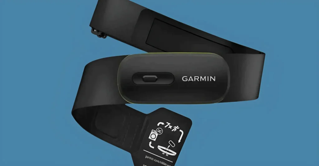 Garmin HRM 600 chest strap heart rate monitor showing advanced running metrics and Bluetooth connectivity