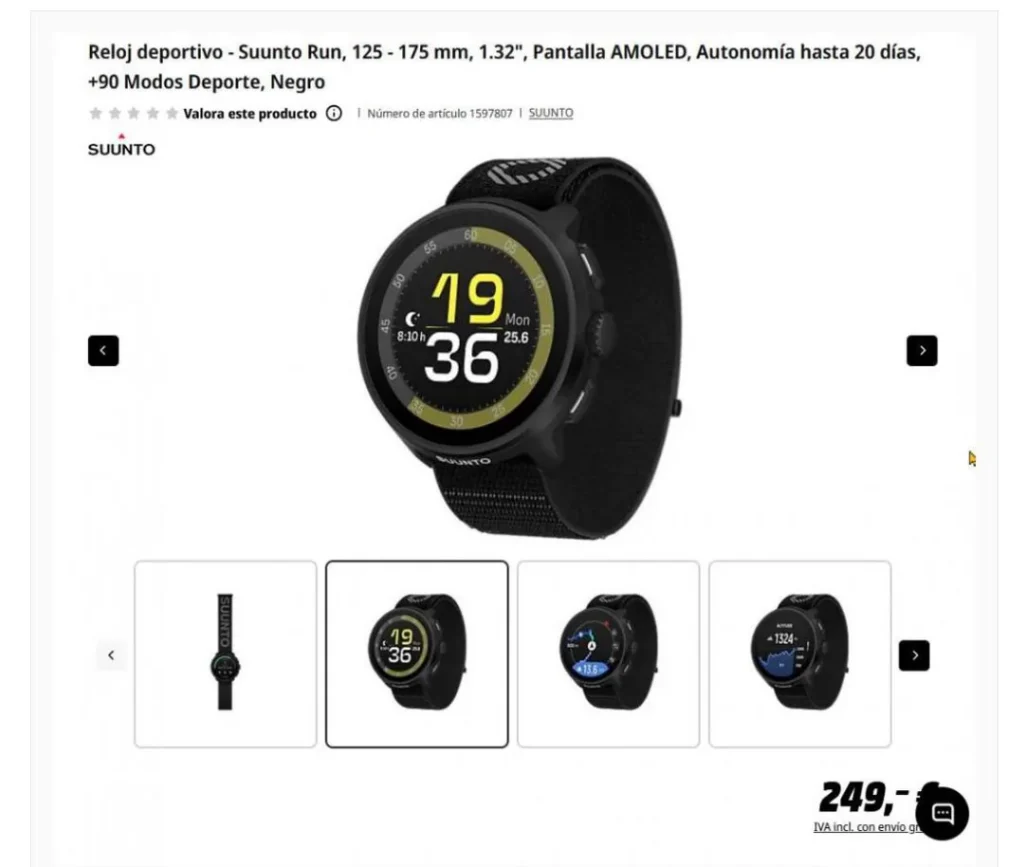 Suunto Run Leak Confirms Game-Changing Features—And a Shockingly Low Price 3 Leaked MediaMarkt listing showing Suunto Run smartwatch with AMOLED display, 90+ sport modes, and €249 price tag.