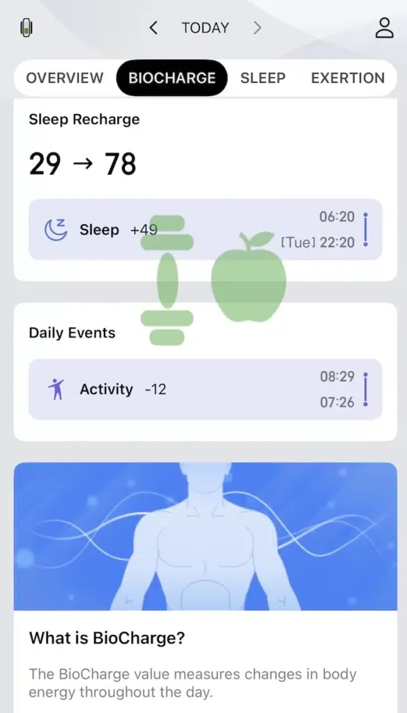 Amazfit Helio Strap: Official Launch of BioCharge Energy Score 1 Screenshot of the Zepp Health app showing the new BioCharge energy score (Sleep Recharge and Daily Events).