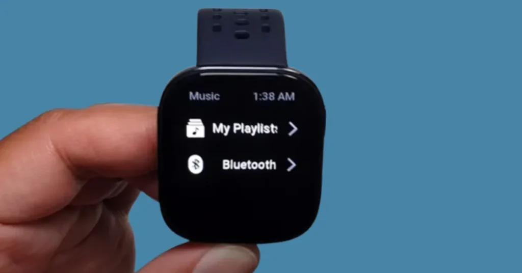Amazfit Bip 6 smartwatch displaying music interface with headphones, illustrating how to download offline music.