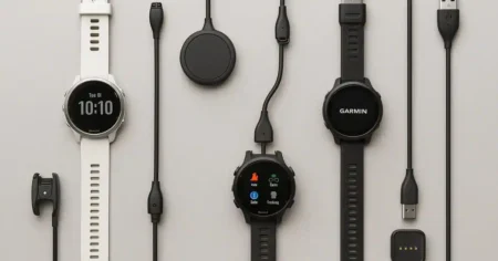 A flat lay photo showing five different Garmin charger cables with smartwatches and accessories