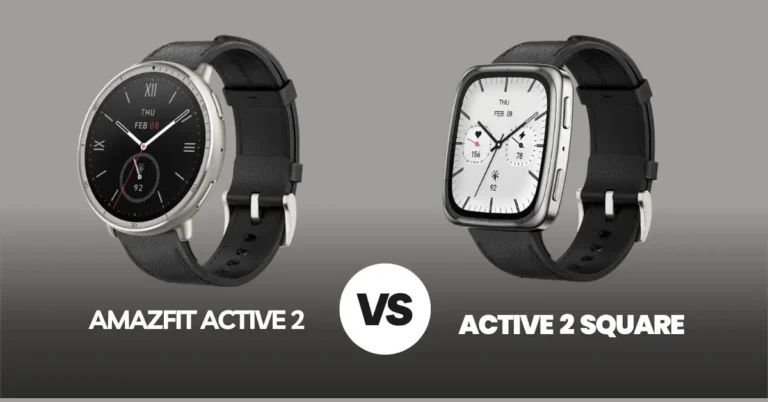 Amazfit Active 2 Round (left) and Active 2 Square (right) smartwatches side-by-side, showcasing their distinct circular and rectangular display shapes for 2025.