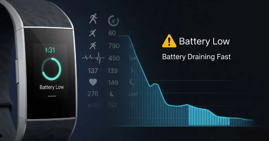  A close-up of showing a prominent low battery indicator, illustrating common Fitbit battery drain issues.