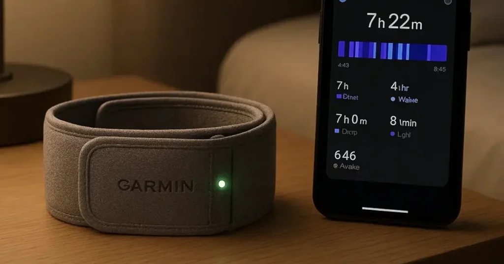 Garmin Index Sleep Monitor wearable with Velcro strap designed for tracking sleep on upper arm