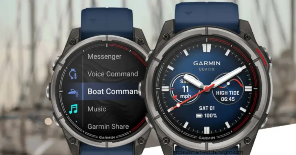 Garmin Quatix 8 marine smartwatch displayed on a boat helm with ocean background.