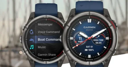 Garmin Quatix 8 marine smartwatch displayed on a boat helm with ocean background.