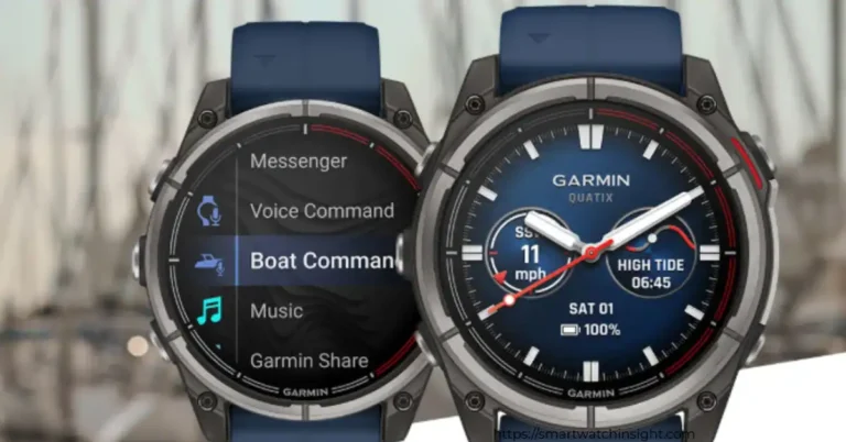 Garmin Quatix 8 marine smartwatch displayed on a boat helm with ocean background.