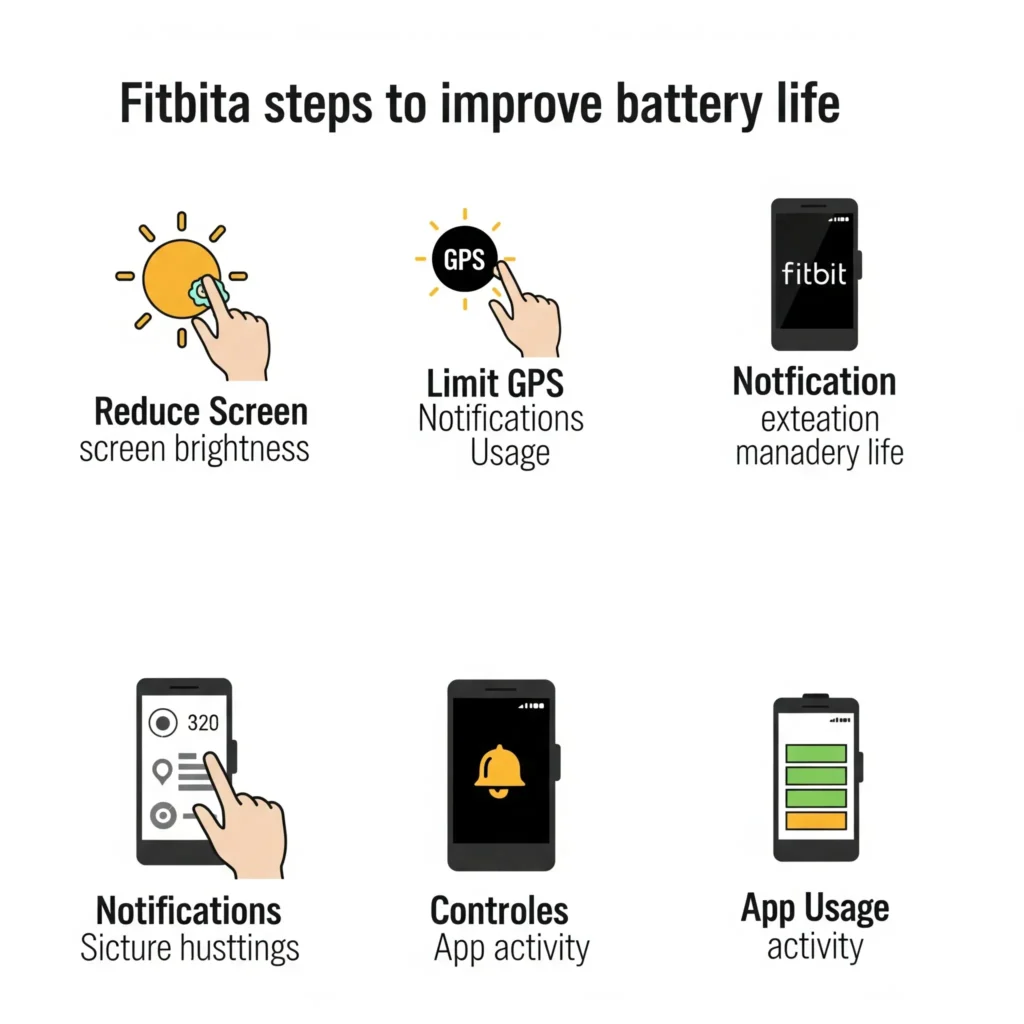 Fitbit Battery Draining Fast? 9 Proven Fixes for Longer Life 1 Fitbit Battery Draining Fast? Infographic detailing step-by-step solutions to improve Fitbit battery life, covering settings like brightness, GPS, and notifications.