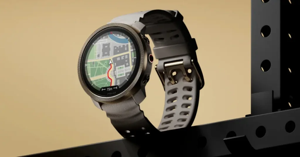 Polar Vantage M3 smartwatch showcasing firmware 4.1.1 features including POI navigation, Find My Phone, and new watch faces