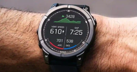 Garmin Fenix 8 Beta 17.14 update on a user’s wrist during outdoor activity, highlighting improved smartwatch features and Fenix 8 performance