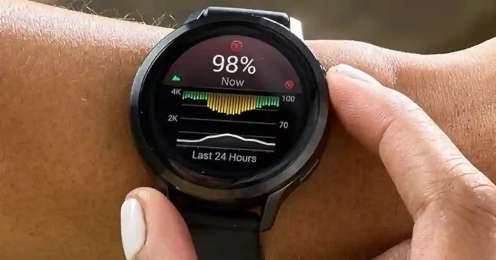 Runner using Garmin Venu 4 smartwatch to monitor pace, heart rate, and workout metrics outdoors