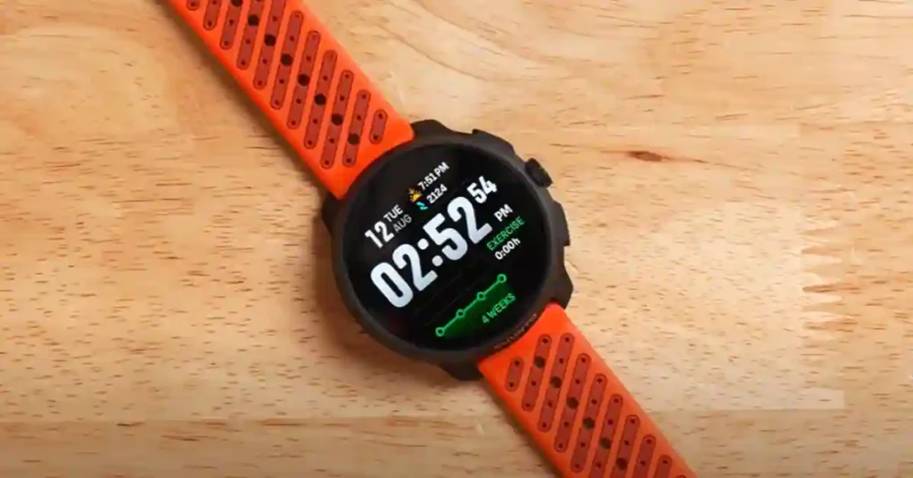 Front view of Suunto Race 2 sports watch in stainless steel with bright orange band