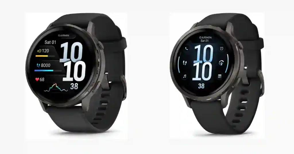Two Garmin Venu 4 smartwatches in 41mm and 45mm sizes showing thin stainless steel cases