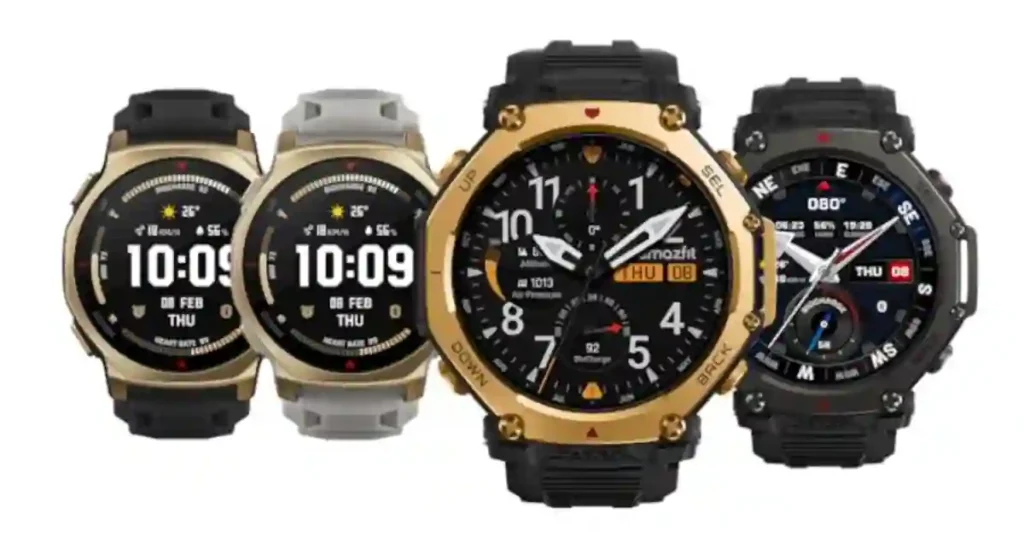 Close-up of Amazfit T-Rex 3 Pro titanium frame and sapphire glass compared to T-Rex 3 stainless steel