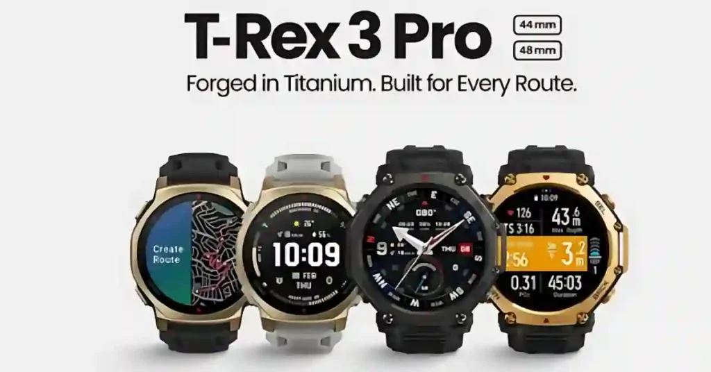 Amazfit T-Rex 3 Pro smartwatch in 48mm and 44mm sizes with rugged design, AMOLED display, and titanium buttons
