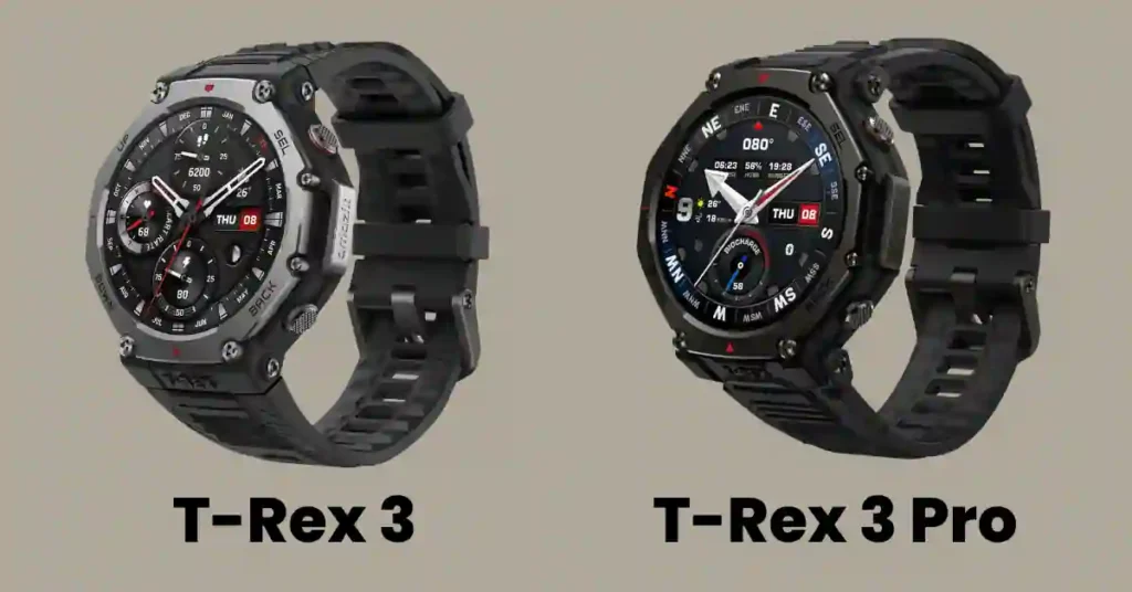 Side-by-side image of Amazfit T-Rex 3 and T-Rex 3 Pro showcasing design differences
