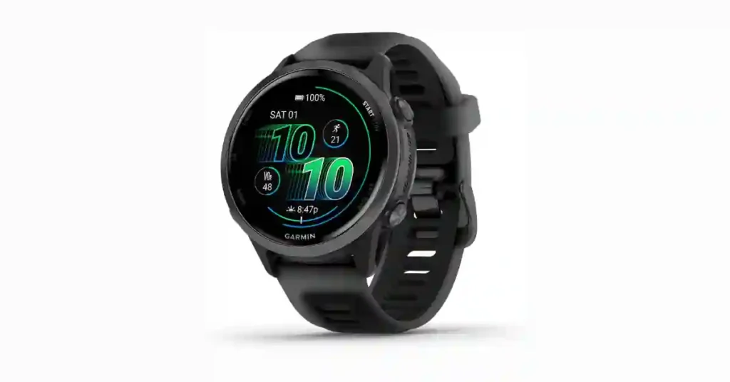 Garmin Forerunner 570 showcasing SatIQ GNSS, advanced swim and golf metrics, and classic five-button control layout for athletes and training enthusiasts.