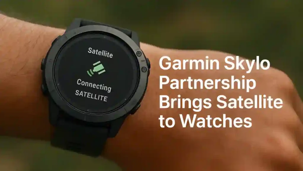 Garmin smartwatch with Skylo satellite connectivity for messaging, GPS sharing, and SOS safety features