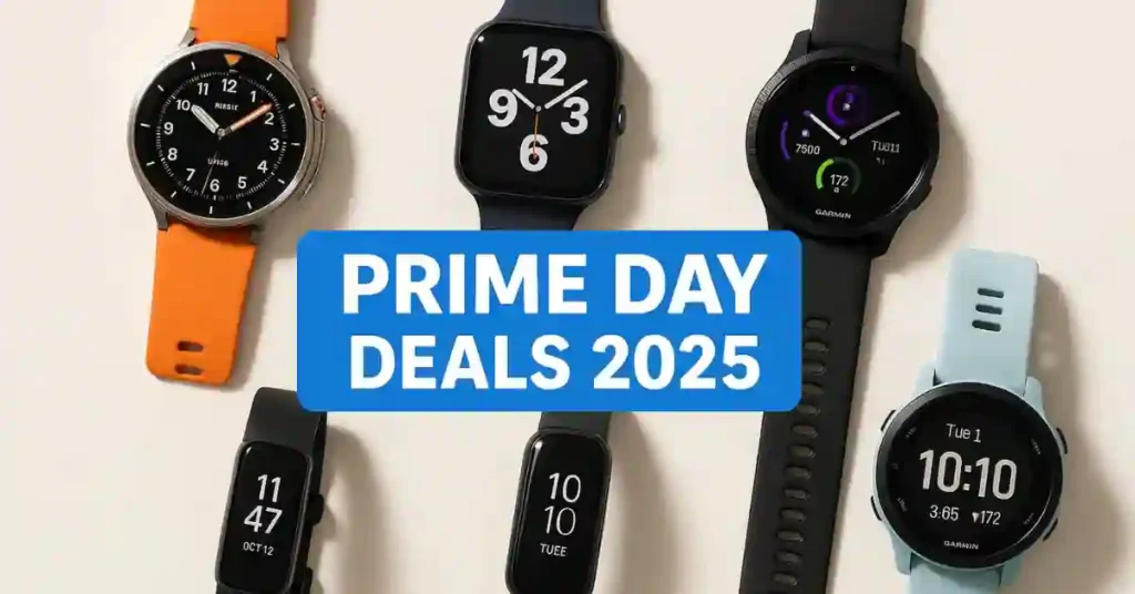 A flat lay of five smartwatches — Samsung Galaxy Watch Ultra, Apple Watch Series 10, Garmin Vivoactive 5, Garmin Forerunner 55, Fitbit Inspire 3 — with a “Prime Day Deals 2025” banner overlay.