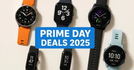 Early Prime Day Smartwatch Deals 2025 – Top Discounts on Garmin, Samsung & Apple A flat lay of five smartwatches — Samsung Galaxy Watch Ultra, Apple Watch Series 10, Garmin Vivoactive 5, Garmin Forerunner 55, Fitbit Inspire 3 — with a “Prime Day Deals 2025” banner overlay.