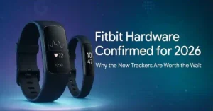 Two futuristic Fitbit-style fitness trackers on a glowing blue-purple background with text ‘Fitbit Hardware Confirmed for 2026 – Why the New Trackers Are Worth the Wait’.