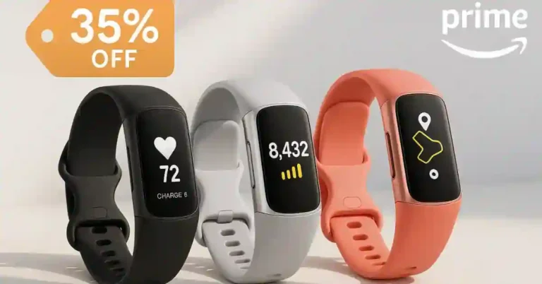 Fitbit Charge 6 fitness tracker in multiple colors showing heart rate and GPS map on AMOLED display with 35% off Prime Day deal banner.