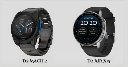 Garmin D2 Mach 2 (left, titanium) and D2 Air X15 (right, sleek) smartwatches displaying flight data for pilots.