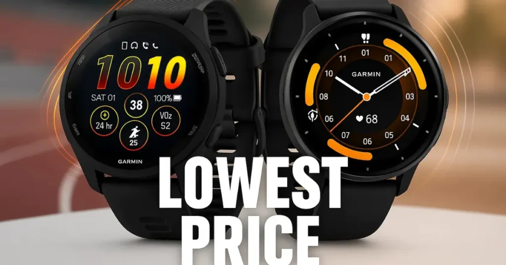 Two premium Garmin smartwatches, the Forerunner 265 and Venu 3, showcased with a 'lowest price' graphic indicating significant holiday savings on these popular models.