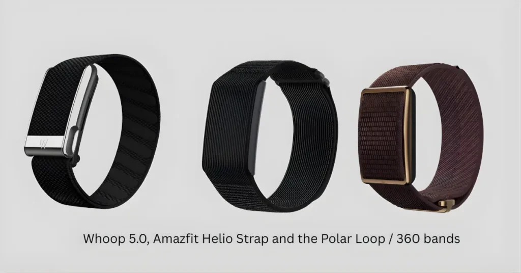 Three screen-free fitness trackers — WHOOP 5.0, Polar Loop 360, and Amazfit Helio Strap — worn together on one arm during a 30-day comparison test.