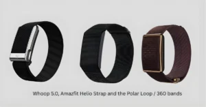 Three screen-free fitness trackers — WHOOP 5.0, Polar Loop 360, and Amazfit Helio Strap — worn together on one arm during a 30-day comparison test.
