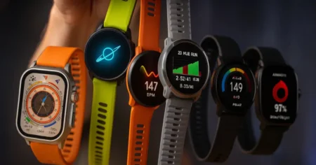 Concept image showing future smartwatch features like non-invasive blood glucose tracking and satellite messaging.