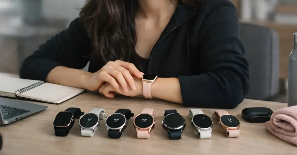 Female tech reviewer testing multiple smartwatches at a minimalist desk, wearing a slim smartwatch and comparing comfort, fit, and real-world performance for women