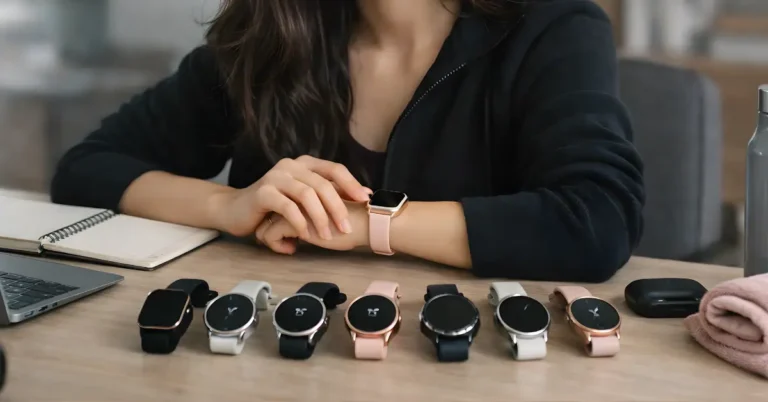 Female tech reviewer testing multiple smartwatches at a minimalist desk, wearing a slim smartwatch and comparing comfort, fit, and real-world performance for women