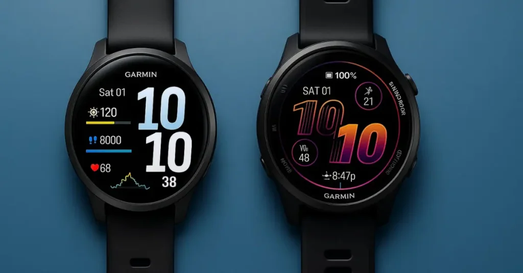 What are the Key Differences Between the Garmin Venu 4 and Forerunner 570? Side-by-side image of the Garmin Venu 4 and Garmin Forerunner 570 showing differences in watch faces, design, and display style for a comparison review.