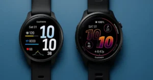 Side-by-side image of the Garmin Venu 4 and Garmin Forerunner 570 showing differences in watch faces, design, and display style for a comparison review.